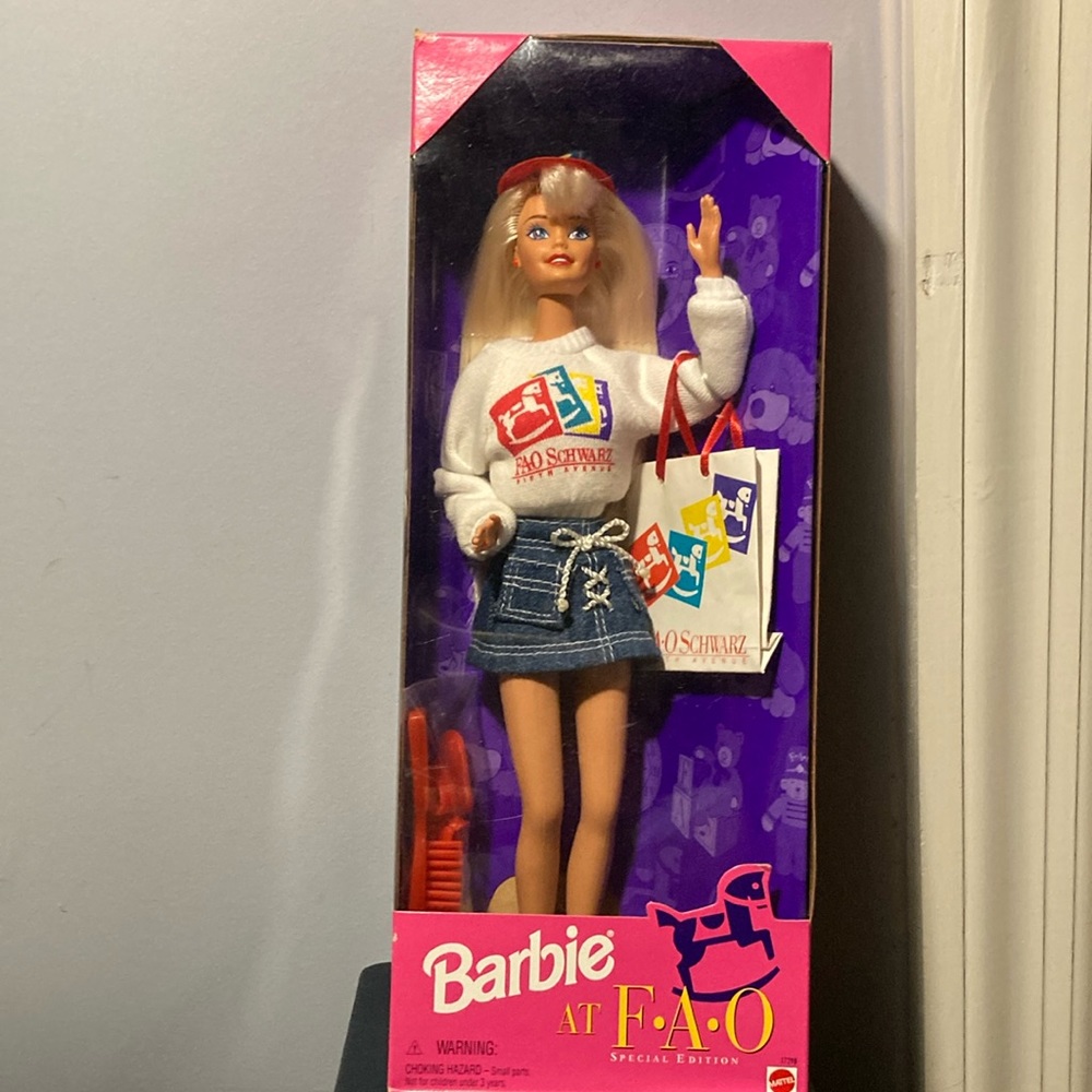 NRFB BARBIE at FAO, loves to shop, 1990’s Special Ed. Perfect box.   $39